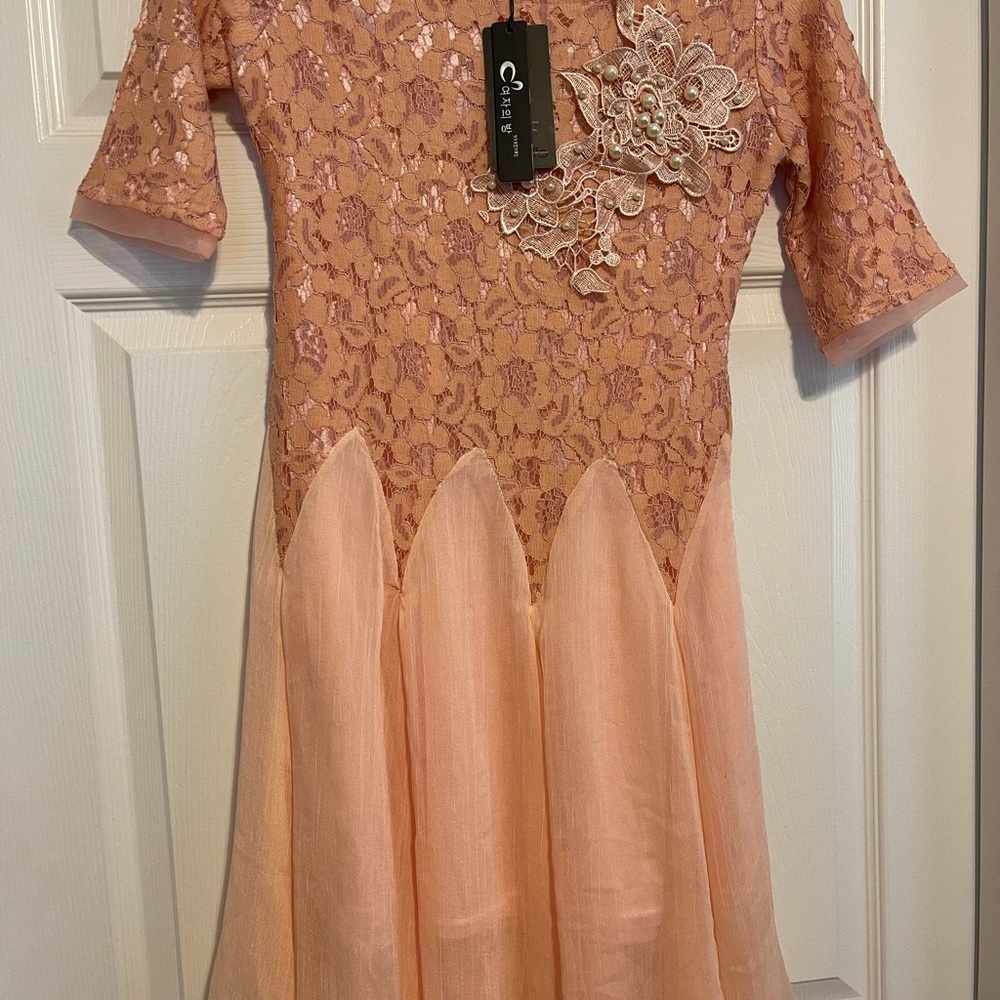 NEW Salmon/Peach Ballerina Style Dress Sequins Pearl Embellishments Tulle Skirt